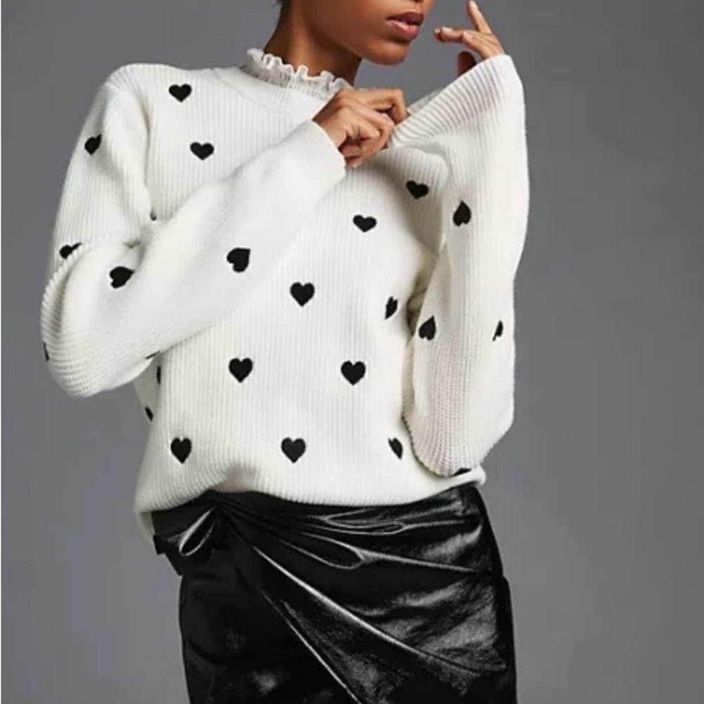 Anthropologie White Scoop Neck Sweater with Black Heart Print Sz Small